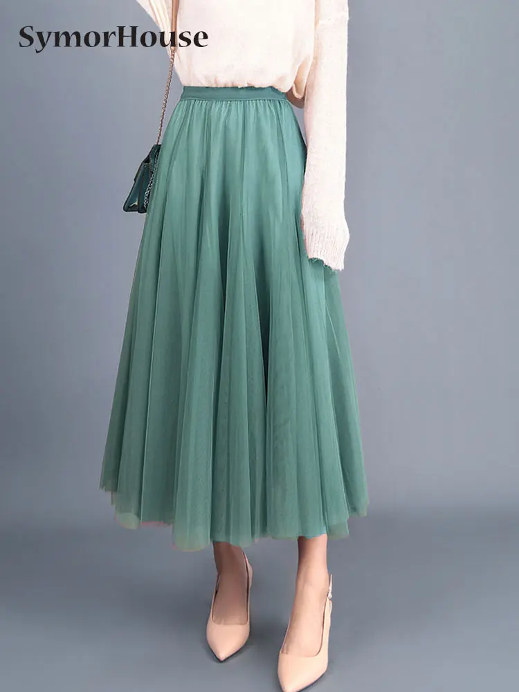 

Spring Summer Autumn Vintage Tulle Skirt Women Elastic High Waist Mesh Big Swing Skirts Long Pleated Tutu Skirt Female Longue