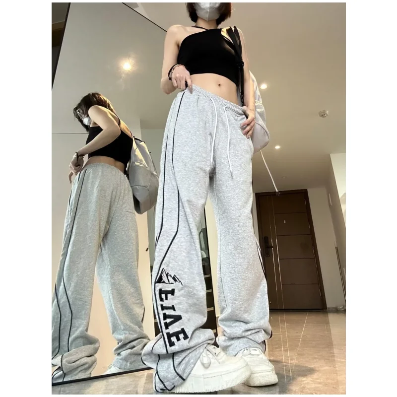 

2024 Autumn Winter Women Black Pants High Waist Vintage American Streetwear Grey Cargo Pants Female Printing Trouser Baggy Pants