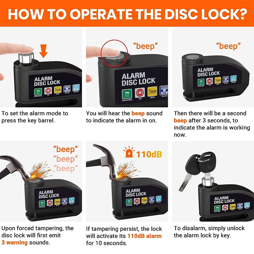 Bicycle Alarm Lock Bicycle Alarm Disc Brake Electric Lock Bike Anti-Theft Wheel Lock Waterproof 110dB with Reminder Cable Keys For Motor Scooter