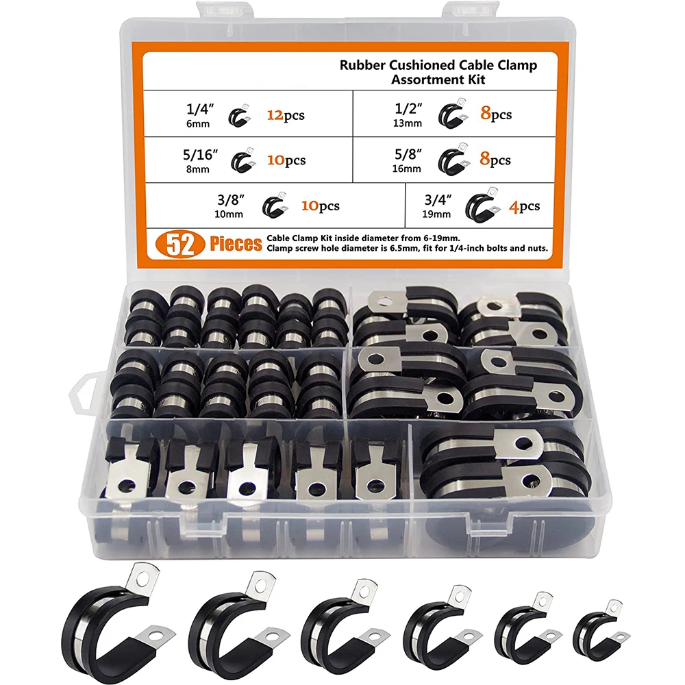 52pcs Cable Clamps Assortment Kit, 304 Stainless Steel Rubber Cushion ...