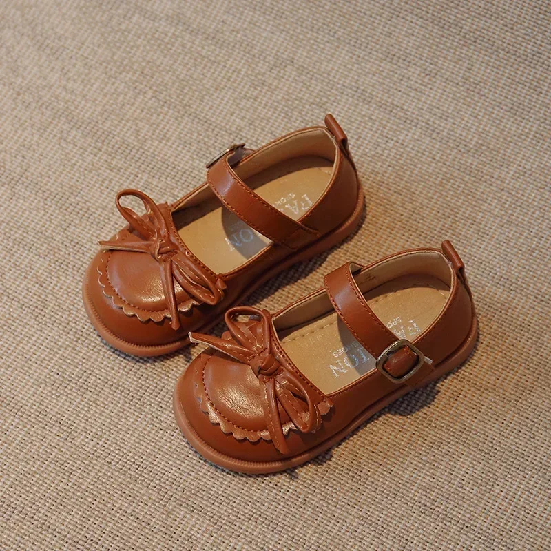 Little Girls Shoes Spring Autumn Kids Soft PU Leather Shoes For Girl School Mary Jane Cute Sweet Flats Shoe Brown, Beige, Black