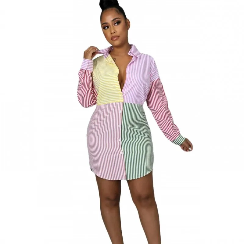 2022 Spring Striped Stitching Casual Slim Print Shirt Dress Long Sleeve Women's Blouse Single Breasted Cardigan Top Street New