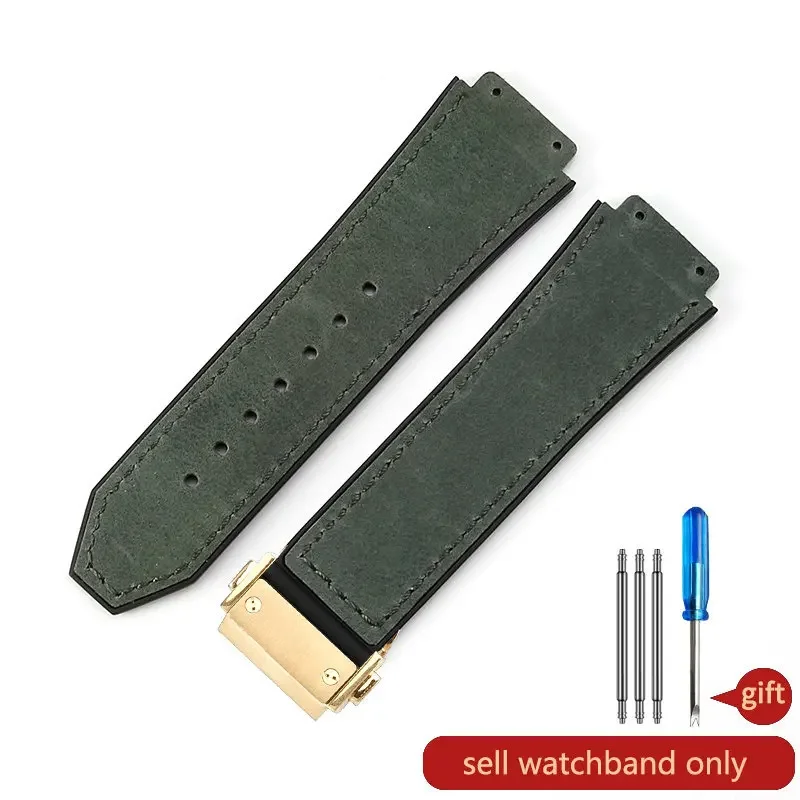 Men's Frosted Leather Watch Strap with Silicone Underskin, Convex Interface, 26x19mm