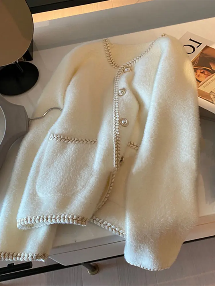 

French Small Fragrance Pearl Button Sweater Cardigan Women's Top Gentle Mink Fleece Knit Jacket