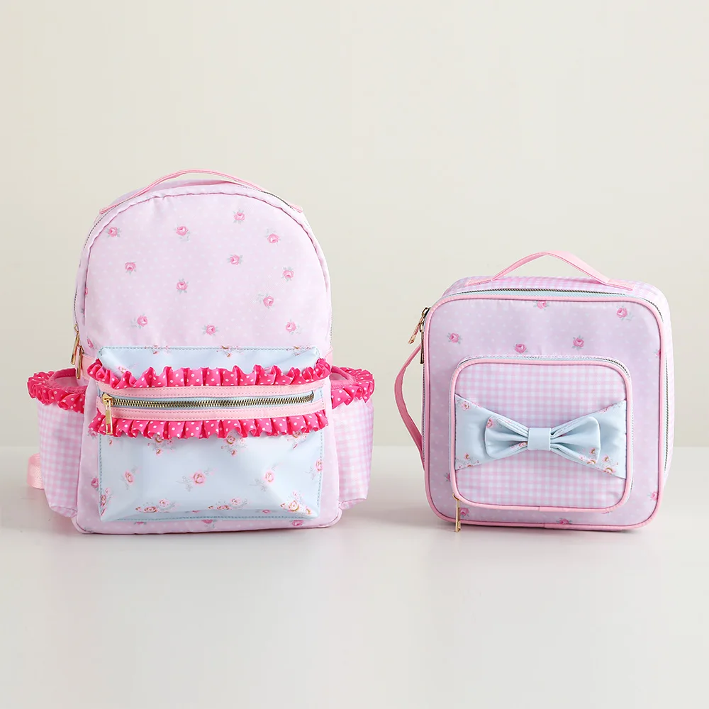 Ruffle Girls Backpack Floral Canvas Polka Dot Plaid Lining Large Capacity Pink Cute Back To School