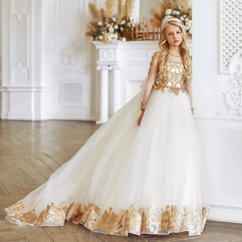 

Flower Girl Dresses For Weddings Satin Appliques Sweep Floor Princess Toddler Pageant Gowns First Communion Dresses