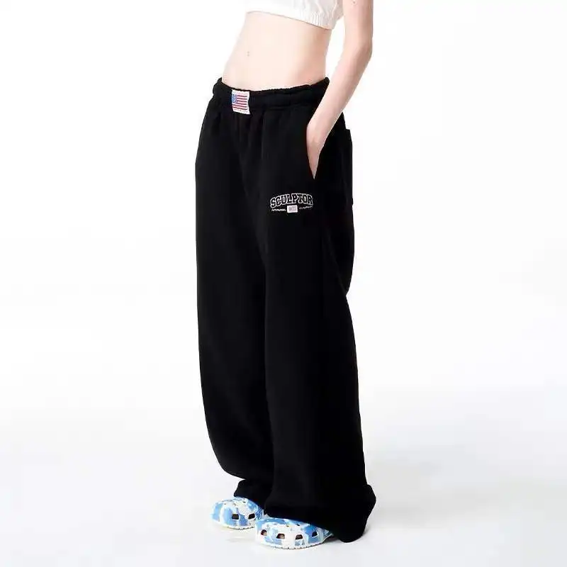Retro Light Floral Gray Women's 2024 Summer New Patchwork Pockets Fashionable Loose Wide Leg Straight Leg Casual Sports Pants