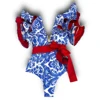 2026 New Print Ruffle One Piece Swimsuit Off The Shoulder Swimwear Women Sexy Swimsuit Deep-V Bathing Suits Beach Wear Swim Suit