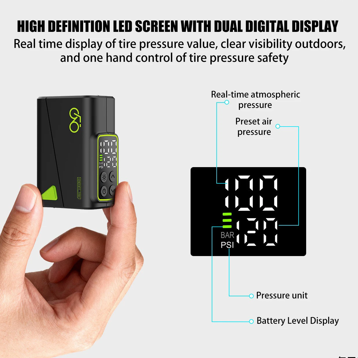 Bike pump dual LED display screen detail