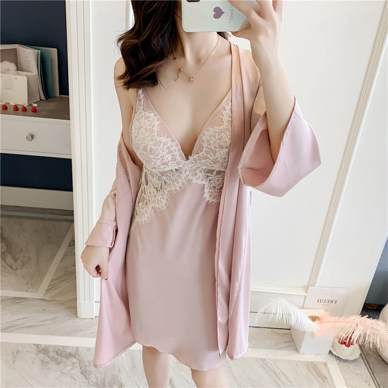 Long sleeve with chest cushion strap sexy two-piece nightdress Ladies embroidered ice silk satin nightgown pajamas