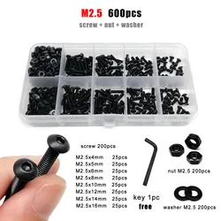 Premium Black Grade 10.9 Steel Hex Socket Screw and Nut Washer Kit (M2.5 600pcs)