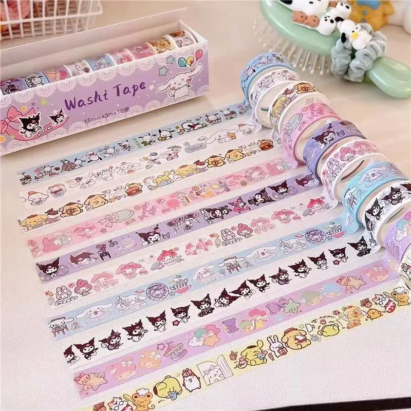 

10 rolls/Set Sanrio Tapes Stickers Kuromi Tape Pocket Book My Melody Cinnamoroll Kawaii Tape Small Mochi Paper Pocket Gift Box