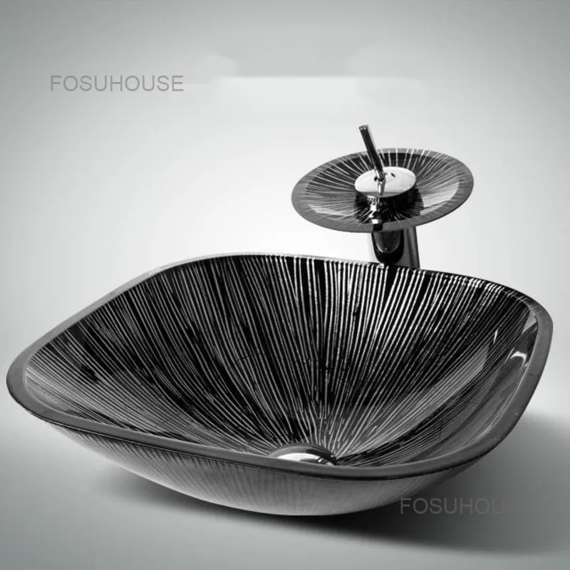 Luxury Household Table Basin Glass Bathroom Sinks Black Bathroom Table