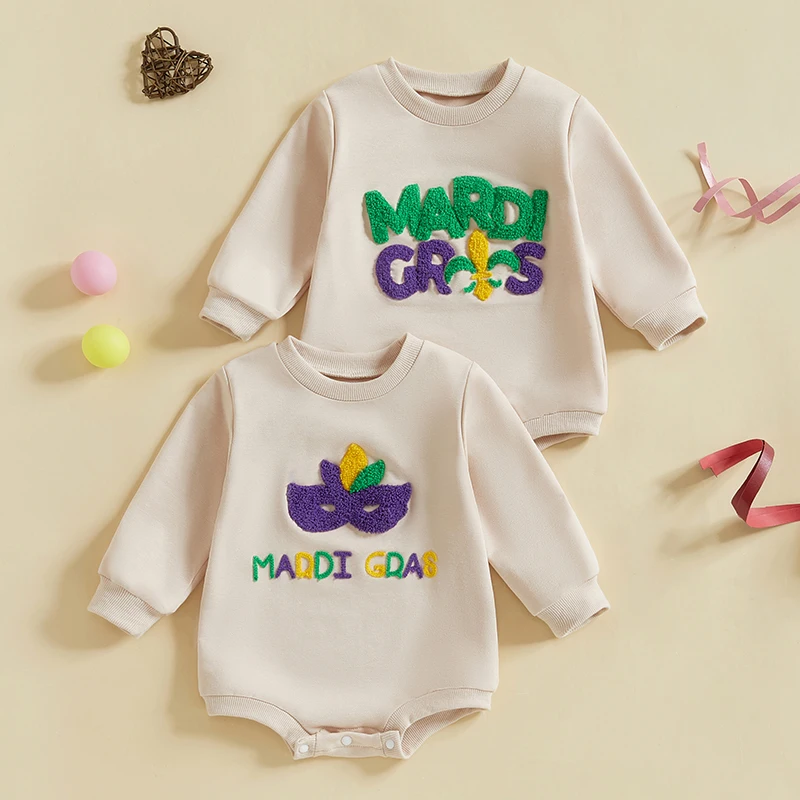 Baby Girl Boy Mardi Gras Outfit Long Sleeve Mardi Gras Letter Print Romper Oversized Sweatshirt Newborn Bodysuit 2