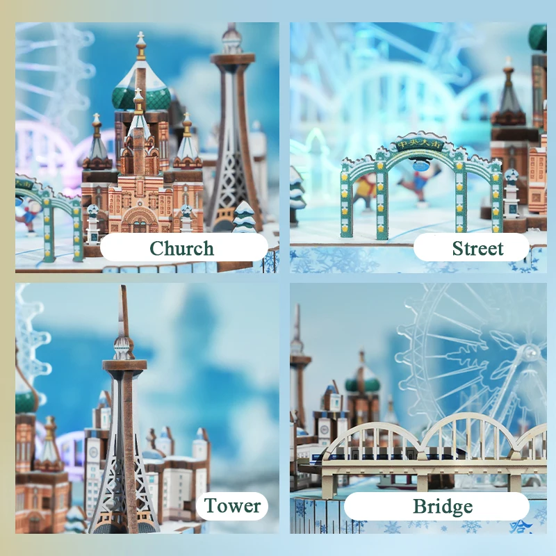 NEW DIY Wooden Ice and Snow Music Box Model Building Kits 3D Puzzle With Lights Toys for Children Birthday Gifts Home Decor 3