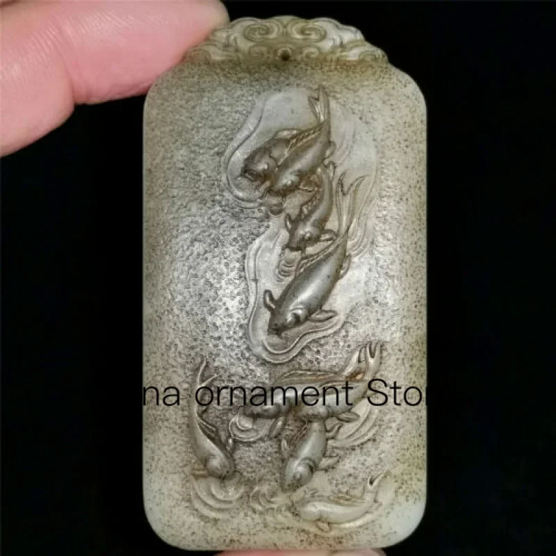 

Chinese Hetian Old Rare Jade Pendant Necklace Hand Carved Statue Fish