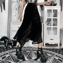 

Goth Vintage Black Long Skirt Sexy Hight Wait Slit Party Skirt Aesthetic Elegant Lace Patchwork Velvet Skirt Gothic