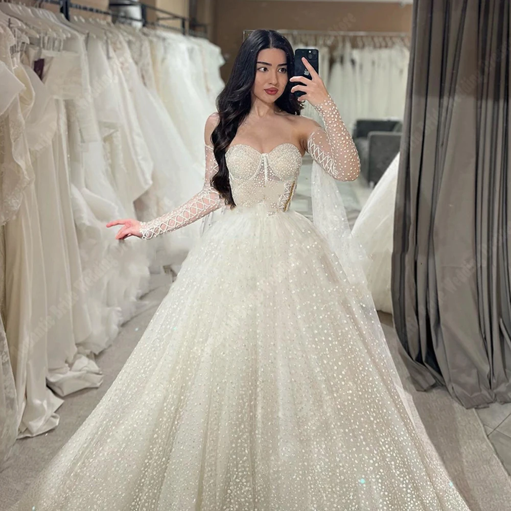 Luxury Bright Women Wedding Dresses Off The Shoulder A-Line Bride Gowns Mopping Length Princess Ball Vestido De Novia Customized 2
