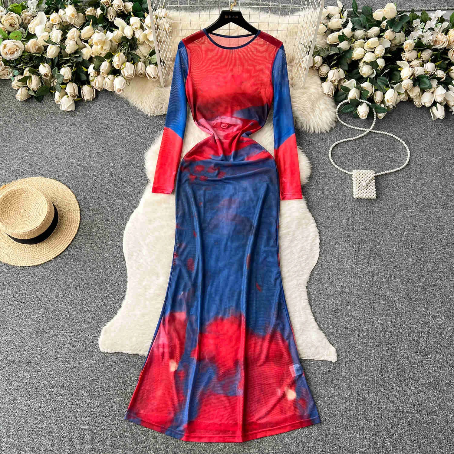 

Fashion Summer Long Sleeve Mesh See Through Beach Holiday Maxi Dress for Women Elegant O Neck Slim Printed A Line Party Vestidos