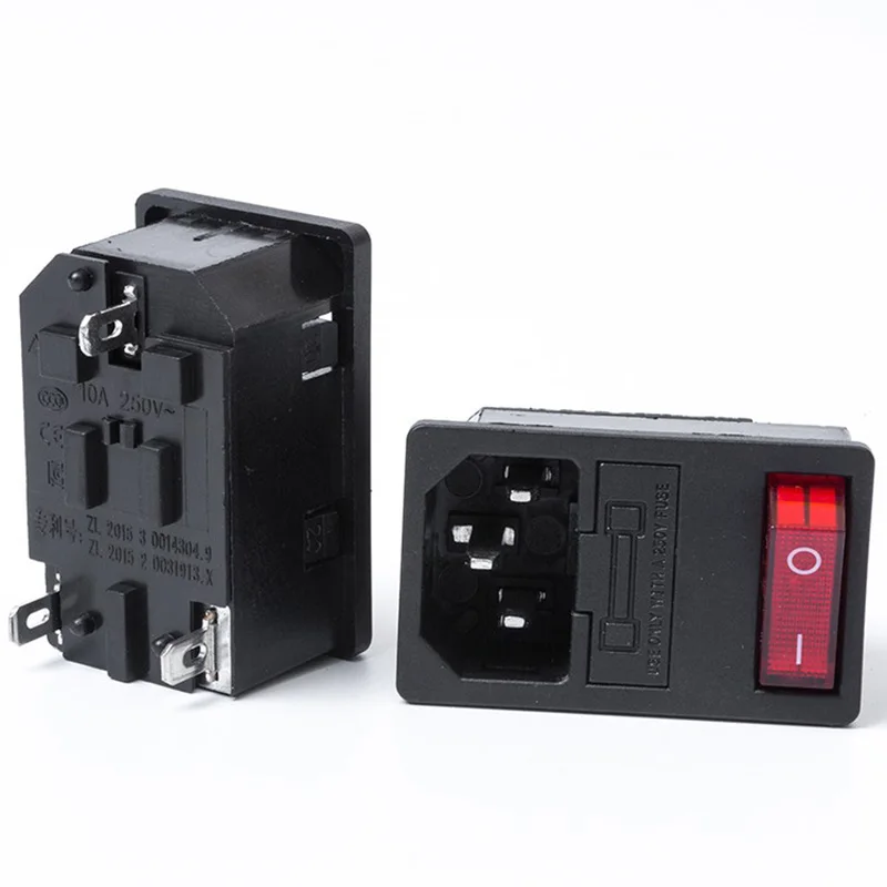 IEC 320 C13 C14 AC Inlet Power Plug Socket 250V 10A Fuse Red Lamp Rocker Switch Rewirable 3 Pin Electrical Male Female Connector