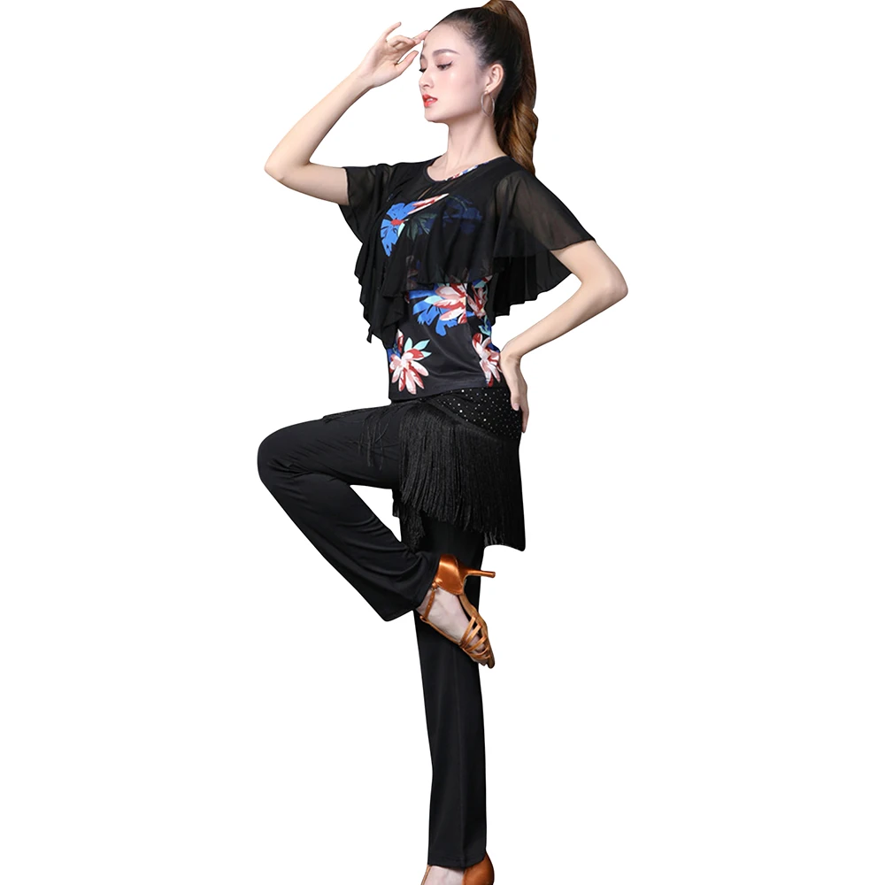 

Sexy See-through Back Latin Dance Top And Pants Suit Standard Competition Practice Wear Printing Stage Performence Costume
