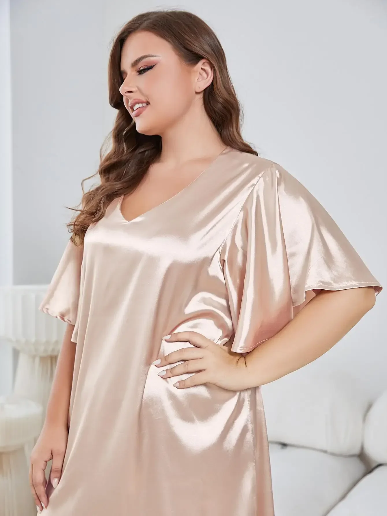 Robe de nuit en Satin de soie pour femmes, grande taille, rose