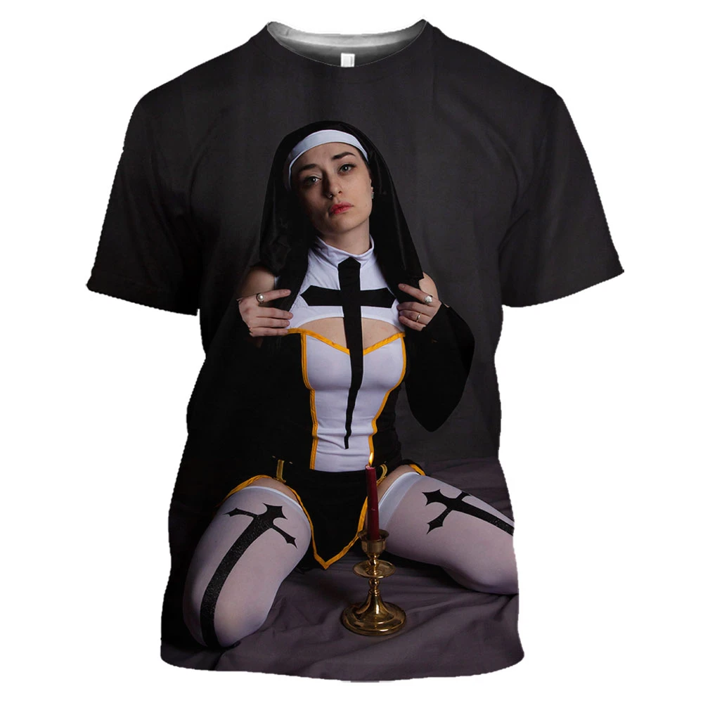 3D T Shirt Hot Sexy Nun Nonne Religieuse Pin Up Church of Satan Anton Lavey  Satanic Occult Goth Gothic Tees Hentai Girls Tops