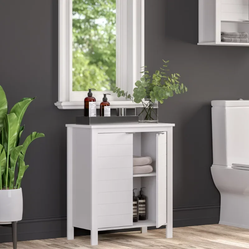 

RiverRidge Two-Door Transitional Wood Floor Cabinet in White Bathroom Toilet Storage 27.56"H 23.63"W 11.81"D USA