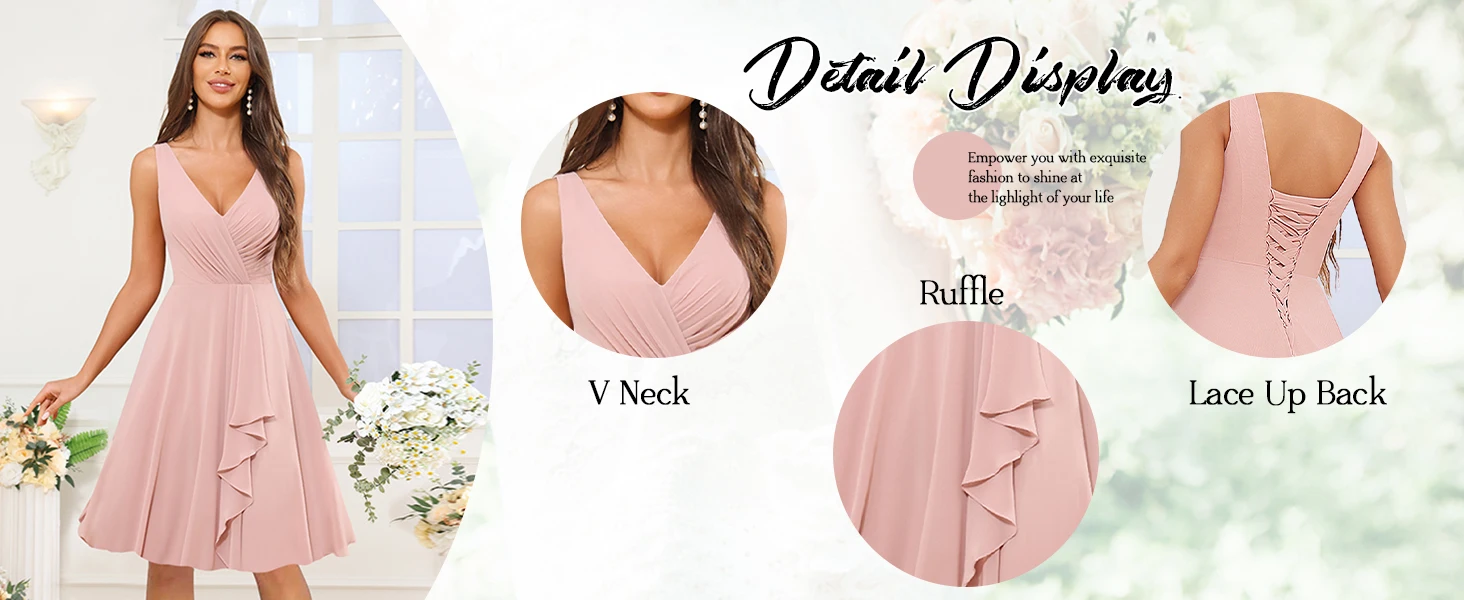 Bridesmaid Dress with Pockets Ruffles Pleated Knee Length V-Neck Short Evening Formal Ball Gowns
