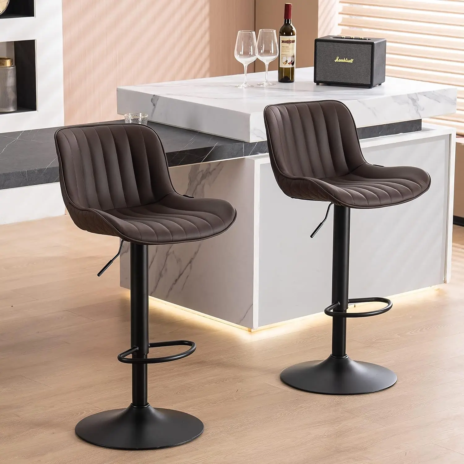 

Brown Upholstered Bar Stools Set of 2 Counter Height Modern Adjustable Swivel Bar Chairs with Backs Mid Century PU Leather