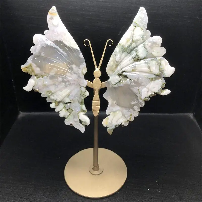 

Natural Flower Agate Butterfly Wing Carving Fengshui Healing Crystal Crafts Home Decoration Girl Birthday Gift 1pair