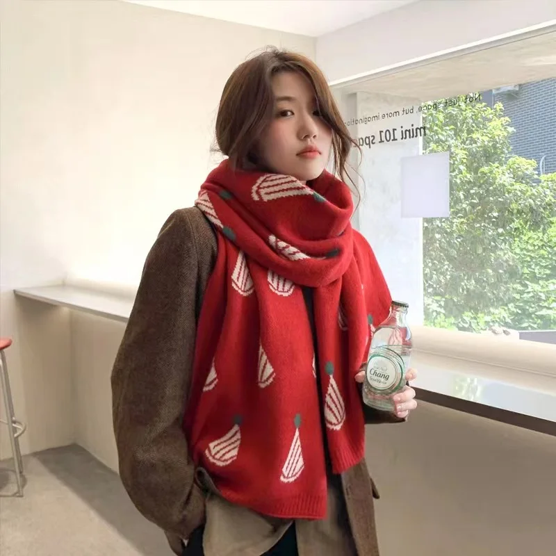 2023 Winter Red Lovely Scarf Couple Cute Classic Shawl Cartoon Deer Pattern Christmas Gift Warm Ins Long Wrap Student Daily-wear