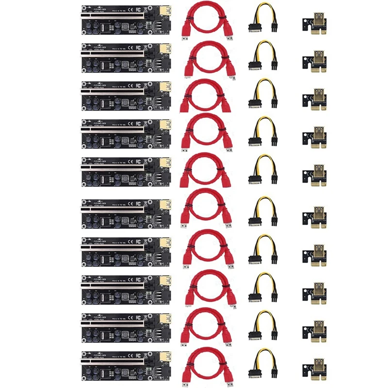 

10 пакетов, Райзер-карта VER009S Plus PCI-E, PCI Express 1X To16x, адаптер с кабелем USB 3,0, SATA к 6-контактному кабелю питания для майнинга