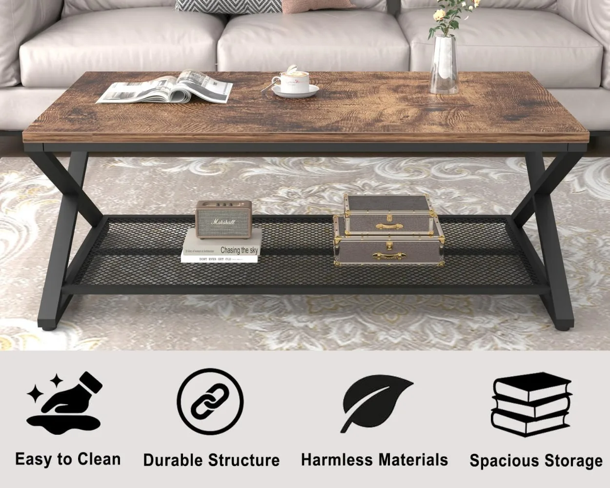 Coffee Table with Storage,Industrial Wood Metal 2 Tier Center Living Room Table with Mesh Shelf 5