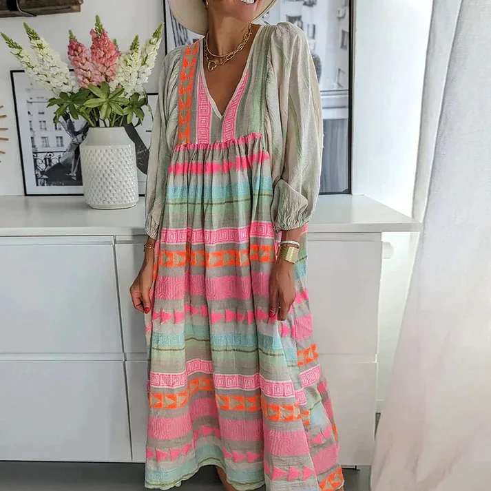 

2024 Summer Women Dress Long Print V-neck Puff Sleeve Loose Dresses Female New Elegant All-Match Casual Trendy Ladies Ladies