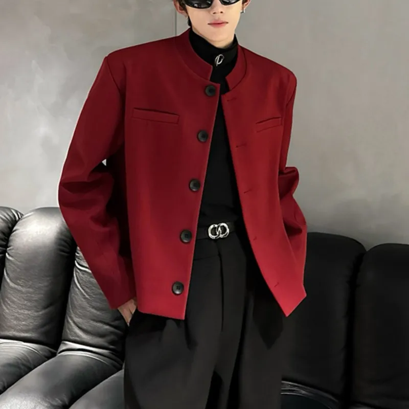 Wine Red Blazers Men Suit Jackets Casual Stand Collar Solid Color