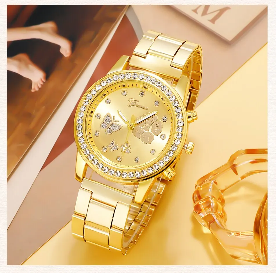 S05ccdaece6db478ba0327aac6998ef40u 6PCS Set Gold Luxury Watch Women Ring Necklace Earring Rhinestone Fashion Wristwatch Casual Ladies Bracelet Watches Montre Femme Mallzona