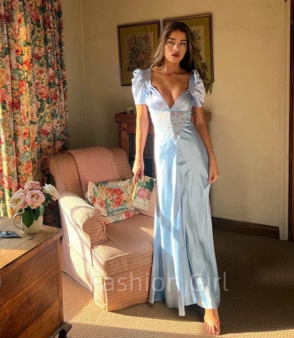 

Fortunate Evening Elegant Vintage Sexy Blue Silky Lace V-Neck Mermaid Customized Formal Occasion Prom Dress Evening Party Gowns