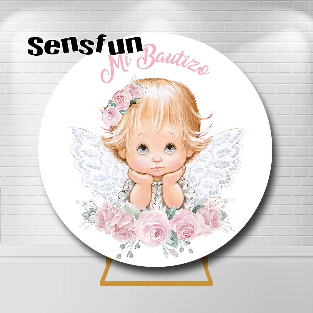 

Mi Bautizo Baptism Round Backdrop Baby Angel Flowers Pink Newborn Girls Baby Shower First Holy Communion Circle Background