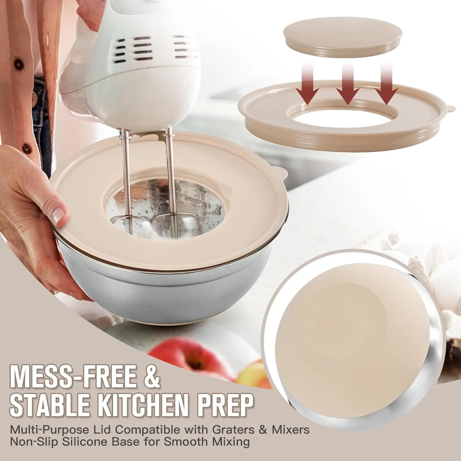 30PCS Mixing Bowls with Lids Set, 7QT to 1QT Stainless Steel Nesting Bowls with Graters, Non-Slip Silicone Bottom, Large Khaki B 3