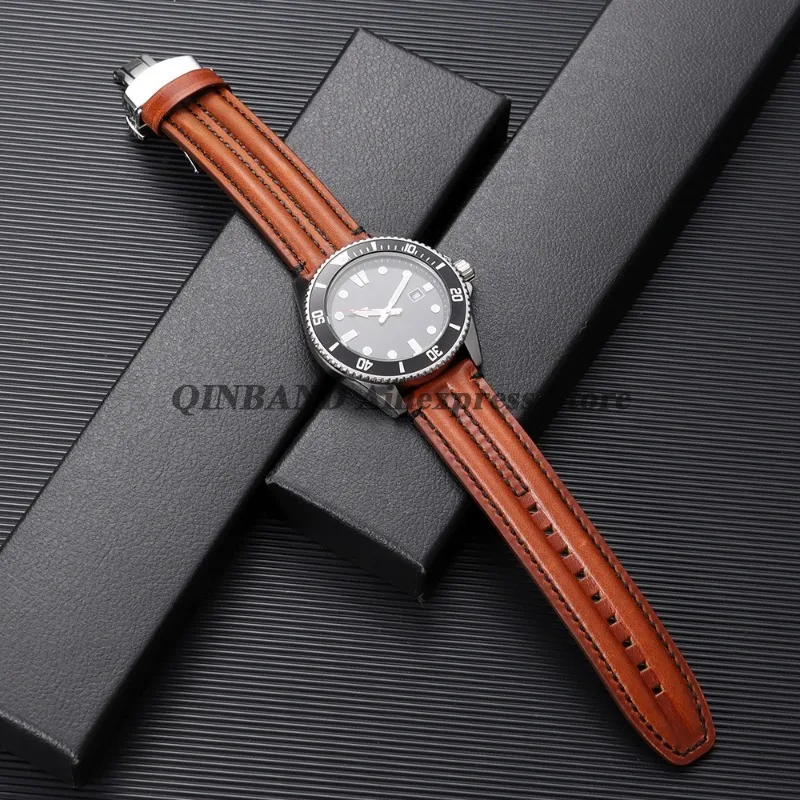 Vintage Leather Watch Band with Butterfly Clasp - Quick Release Oil Wax Cowhide Strap
