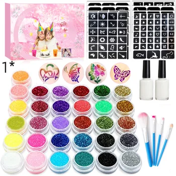 Set di Tatuaggi Glitterati Diamantati: 31 Colori 6 Stencil - Glitter Impermeabili a Lunga Durata per Trucco da Festa, Palcoscenico, Creativi per Bambini e Adulti