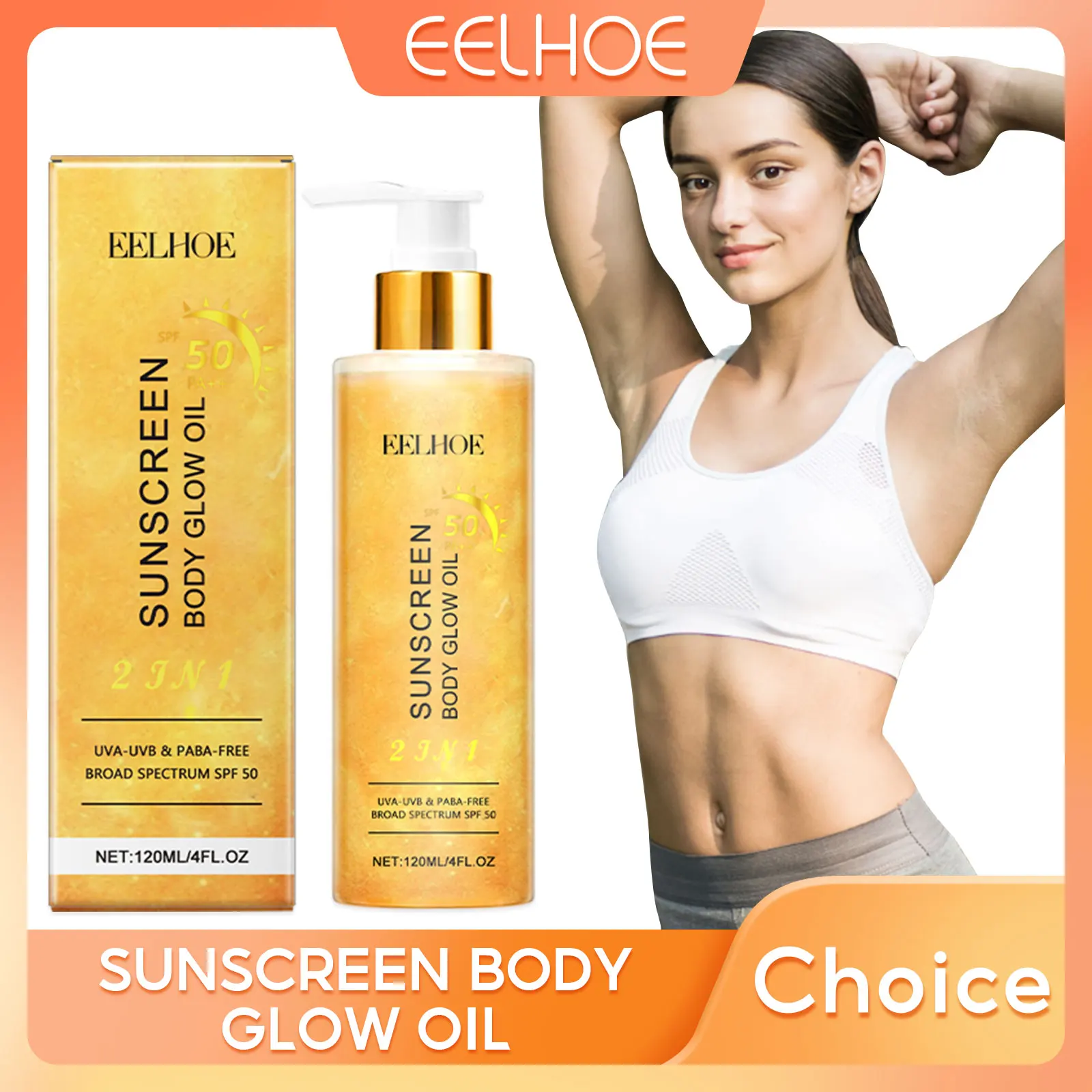 EELHOE 2 In1 Sunscreen Spf 50 Body Oil for Glowing Skin Protection Prevent Uvb Oil Control High Gloss Golden Body Shimmer