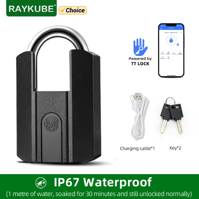RAYKUBE IP67 Waterproof TT Lock Electronic Lock Digital Fingerprint Padlock with Built-in rechargeable Battery APP key Unlock 1