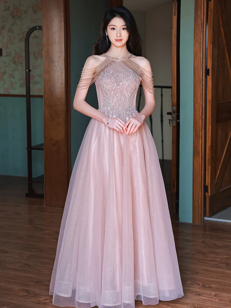 

Pink Evening Dress Banquet Annual Meeting Host Toast Dress Bride Engagement Dress for Women