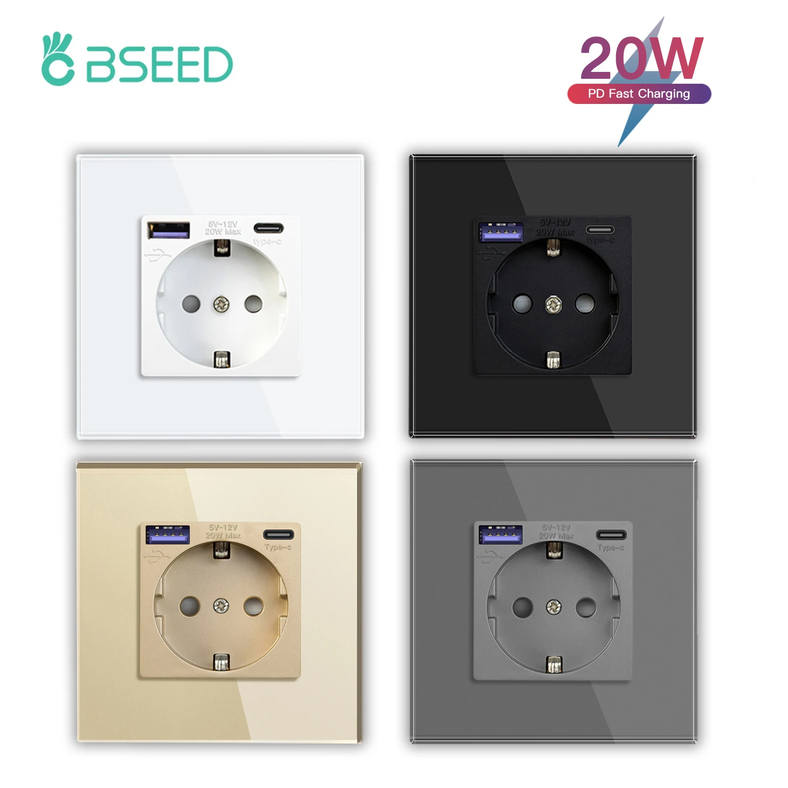 BSEED 20W PD Wall SOCKET EU ซ็อกเก็ต Type-C USB Fast CHARGING พอร์ต Double Power Outlets Triple ซ็อกเก็ตไฟฟ้าแผงกระจก 1