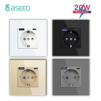 BSEED 20W PD Wall SOCKET EU ซ็อกเก็ต Type-C USB Fast CHARGING พอร์ต Double Power Outlets Triple ซ็อกเก็ตไฟฟ้าแผงกระจก 1