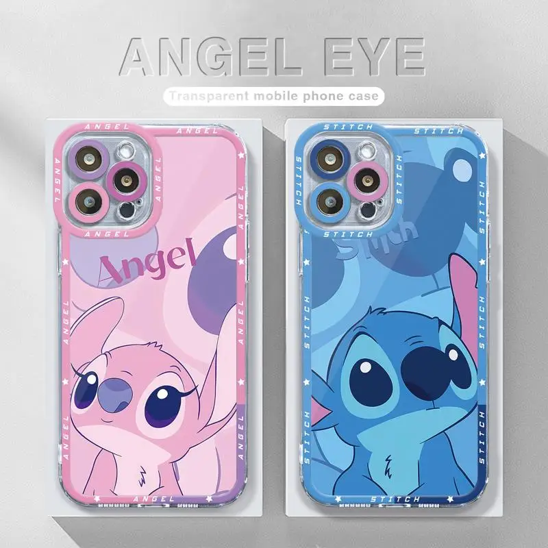 Disney Pink Stitch Blue Angel Clear Case Per Oppo A95 A93 A76 A74 A55 A54 A53 A35 A31 A9 A16 A15 A12 A7 F9 F11 F17 Reno 5 6