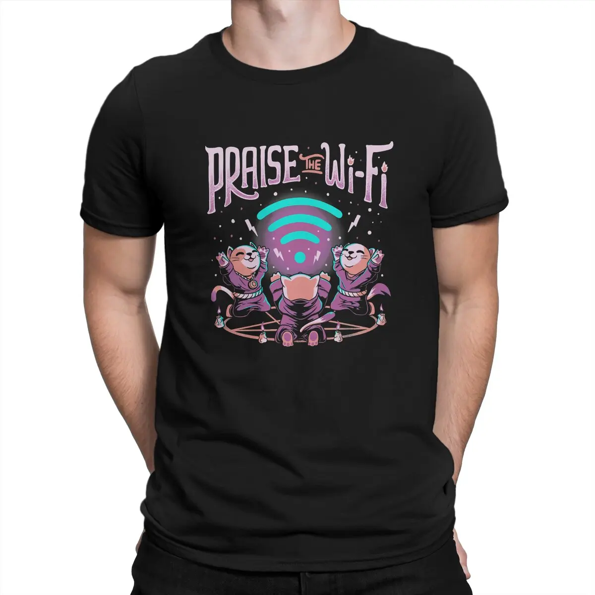 

Praise the Wifi Funny Evil Worship Cats Man's TShirt Baphomet Satan Lucifer O Neck Short Sleeve T Shirt Humor Gift Idea