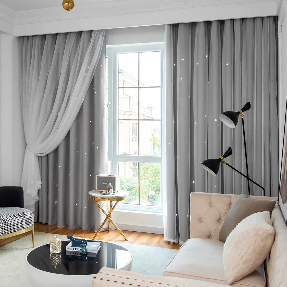 Description Picture 2 of item1Pc/2Pcs Blackout Curtains Romantic Hollow Star Curtain Double Layer with Lace Princess Girls Room Window Treatments for Bedroom